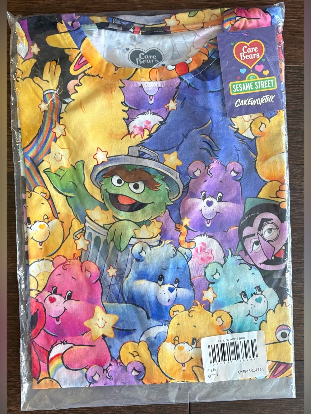 Cakeworthy Care Bears x Sesame Street AOP Unisex Tee Shirt Large NEW Big Bird